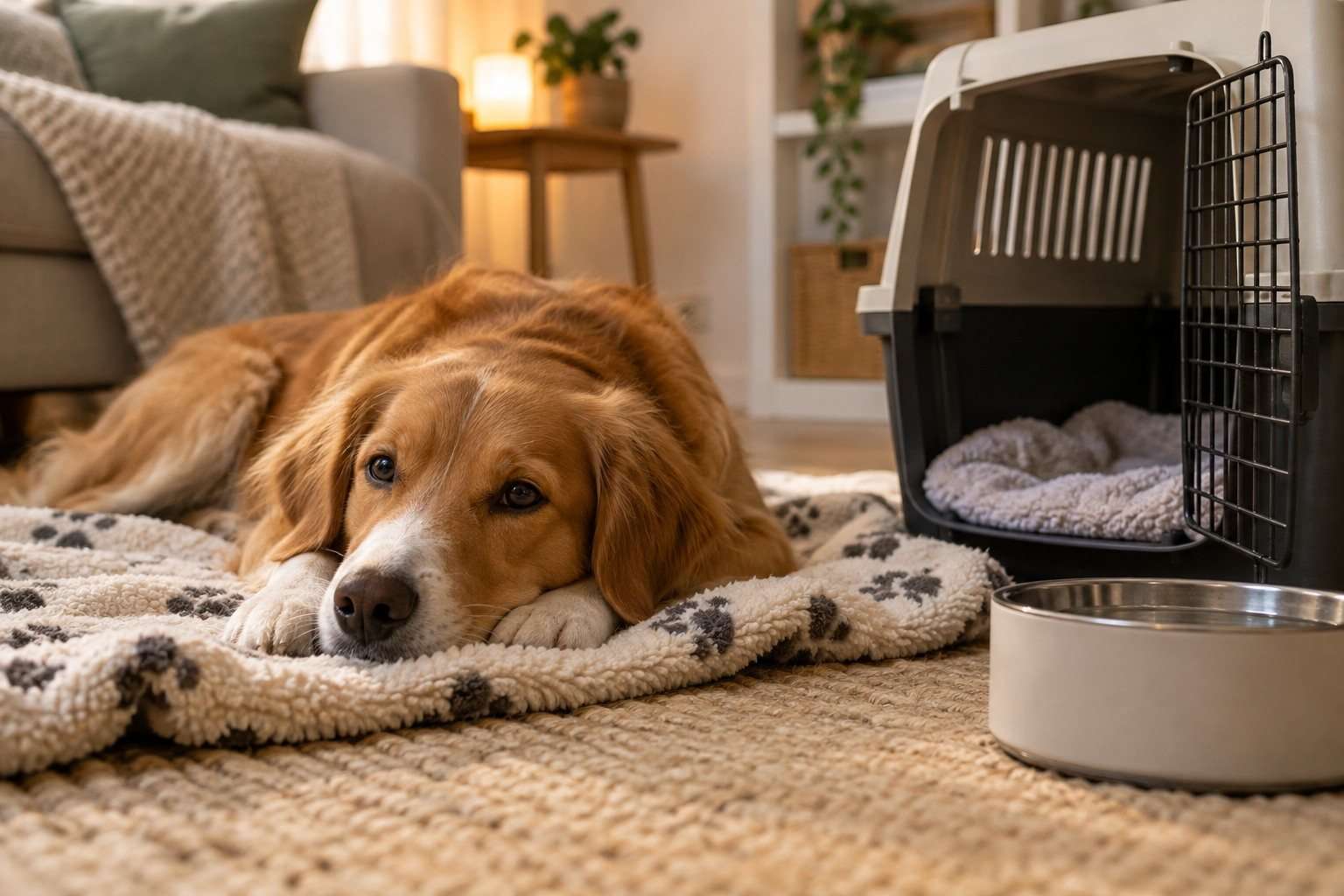 Perro descansa junto a su manta y un transportín abierto
